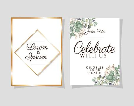 Two wedding invitations with gold frames on blue background vector design Illustrazione stock