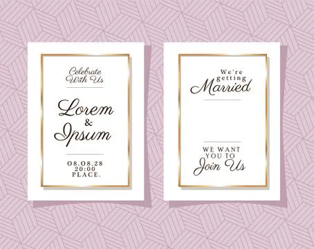 Two wedding invitations with gold frames on pink pattern background vector Stock Illustration