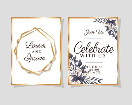 Two wedding invitations with gold frames on blue background vector design Stock Illustration