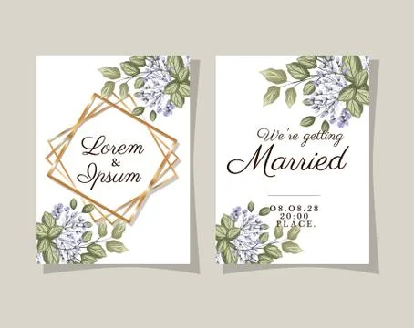Two wedding invitations with gold frames on gray background vector design Illustrazione stock