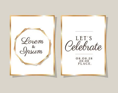 Two wedding invitations with gold frames vector design Illustrazione stock