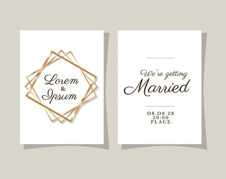 Two wedding invitations with gold frames vector design Illustrazione stock