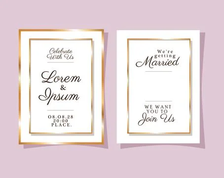 Two wedding invitations with gold frames vector design Illustrazione stock