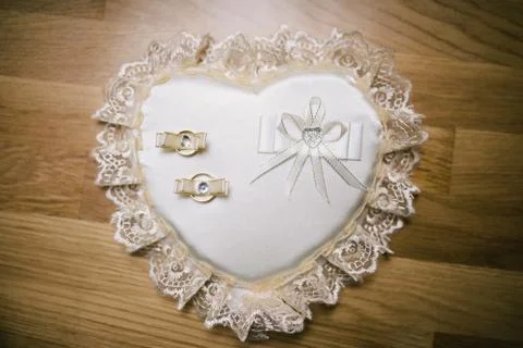 Two wedding ring on a beautiful cushion.Wedding concept Stock Photos