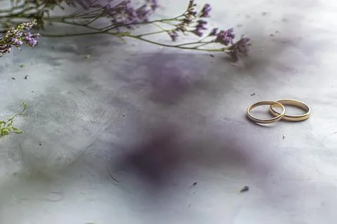 Two wedding rings on a gray background, flowers. Concept love, wedding Stock Photos