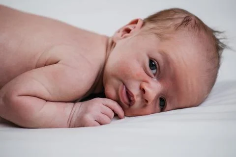 Two week old very cute baby naked on a white sheet Stock Photos