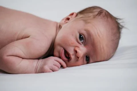 Two week old very cute baby naked on a white sheet Stock Photos