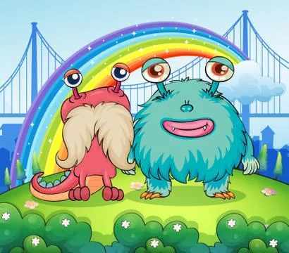 Two weird monsters and a rainbow in the sky Stock Illustration