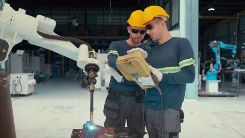 Two welders in hard hats work with a robotic arm together in a factory Video stock 340987944