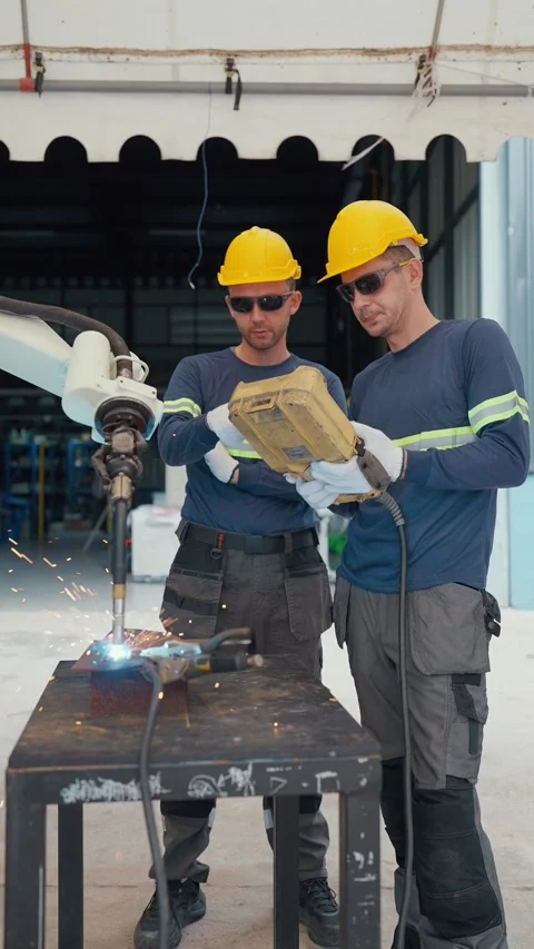 Two welders in hard hats work beside a metal table Stock-Footage 347352639
