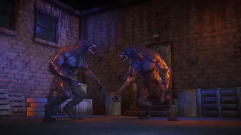 Two Werewolves Facing each other and Snarling In Seedy City Street Vídeo Stock 343672034