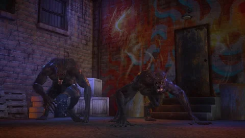 Two Werewolves Stalking and snarling at camera pov in urban setting Vídeo Stock 343665743
