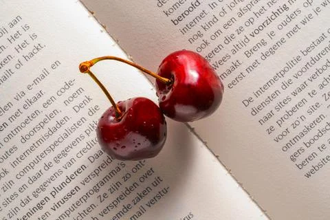 Two wet red sweet cherries with spliced tails lying on the white pages of an Stock Photos