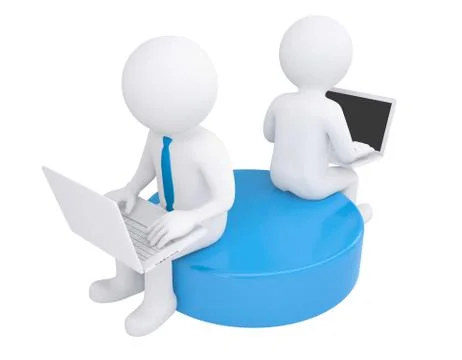 Two white 3d man sitting at laptops Illustrazione stock