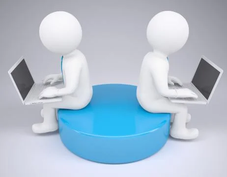 Two white 3d man sitting at laptops イラスト素材
