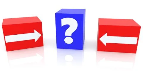 Two white arrows and question mark on red cubes on white background Stock Illustration