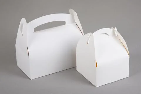 Two white blank paper packaging for bakery large and small box with handle in Photos