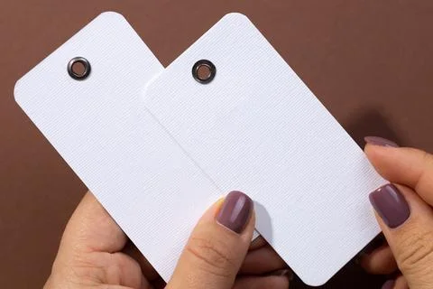 Two white blank tags of rectangular shape made of cardboard with small holes in Foto stock