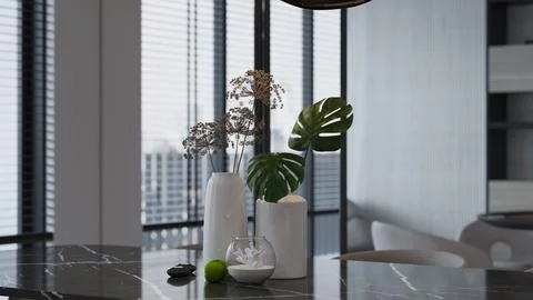 Two white bottle on a dining table, modern dining space decoration ideas fo.. Stock-Illustration