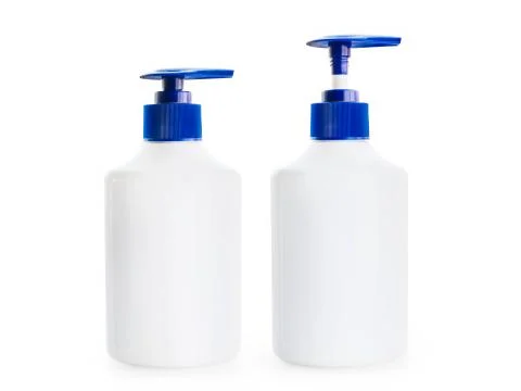 Two white bottle of liquid soap with a blue pump dispensers Stock-Fotos