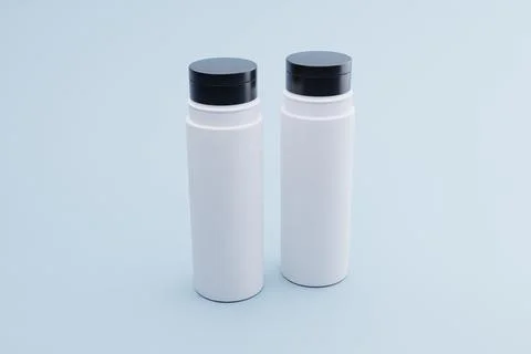Two white bottles, black caps, studio shot, pale blue background, product p.. Stock Illustration