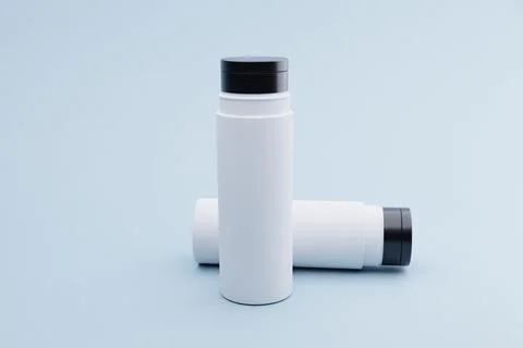 Two white bottles, blue background, mockup, cosmetic packaging Illustrazione stock