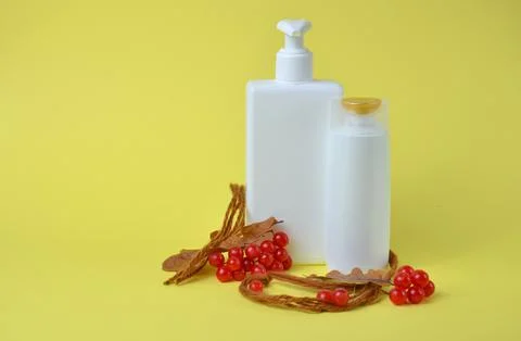Two white bottles for soap, red viburnum on a yellow background. Stock Photos