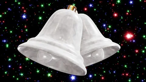 Two white ceramic Christmas bells against colorful stars looping 3D animation Video stock 204746448