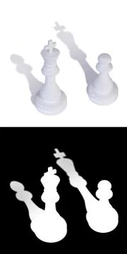 Two white chess pieces king and pawn with inverted shadows Stock Illustration