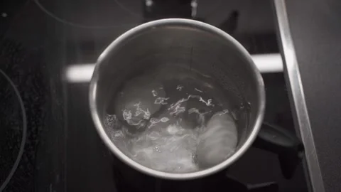 Two white chicken eggs boiling in small metallic pot on electric stove at home Stock Footage 316913239