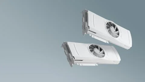 Two White Computer Graphic Video Card on a Grey Blue Studio Background. 스톡 일러스트