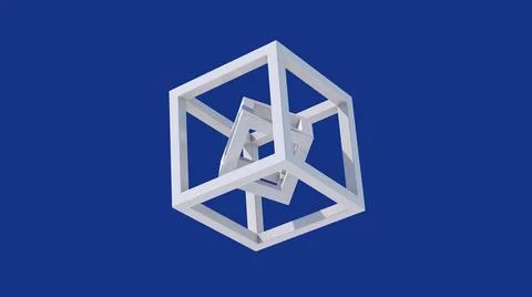 Two white cubes rotating, blue background. Abstract illustration, 3d render. Stock Illustration