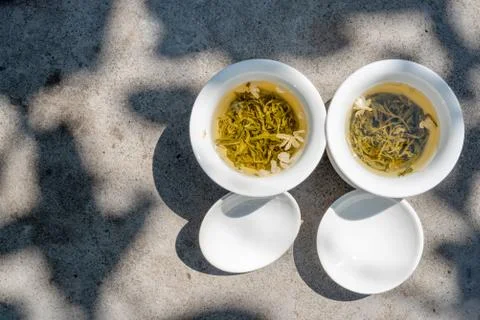 Two white cups of tea top view 스톡 사진