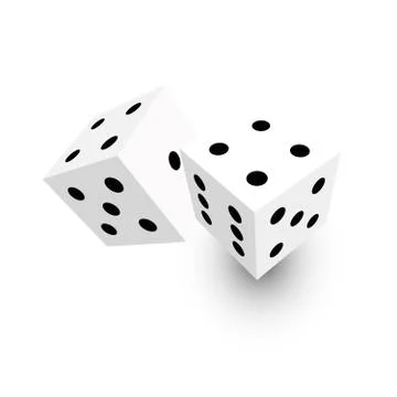 Two white dice with black dots. 3D vector object with dropped shadow Stock Illustration