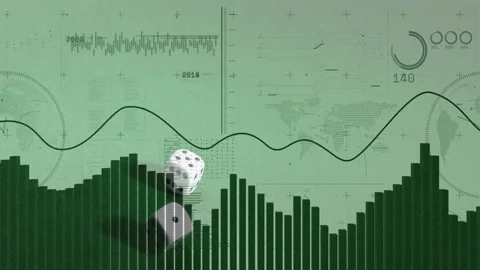Two white dice entering from left and rolling across dark-green bar graph, Stock Footage 329470575
