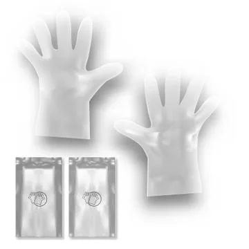 Two White Disposable Plastic Gloves With Packing Stockillustratie