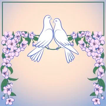 Two white doves and decor of blossoming apple tree Stock Illustration