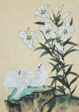 Two white doves and a white lily flower Illustrazione stock