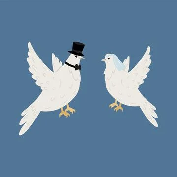 Two white doves in hat and veil on blue background Stock Illustration