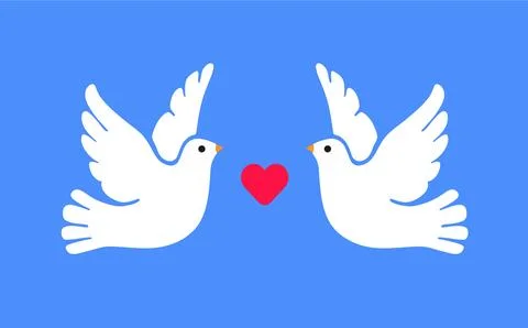 Two white doves with heart on blue background. Vector isolated. Stock Illustration