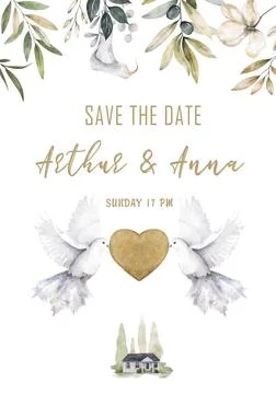 Two white doves, postcard for wedding day, invite card with olive leaves. Hand Stock Illustration