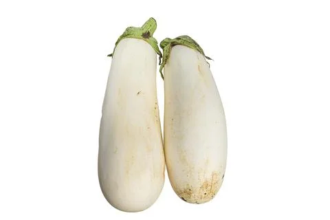 Two white eggplants on a white background close up Stock Photos
