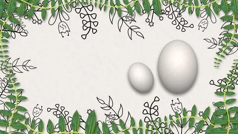 Two white eggs on green plants leaves and animated black border plants on w.. 스톡 일러스트