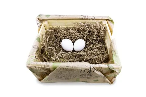 Two white eggs in paper-wrapped box, isolated on white. Stock Photos