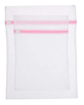 Two white empty mesh laundry bag isolated on white background Stock Photos