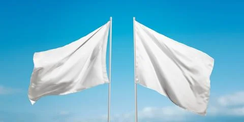 Two white flags waving on wind with clear sky background, representing peace, Stock Photos