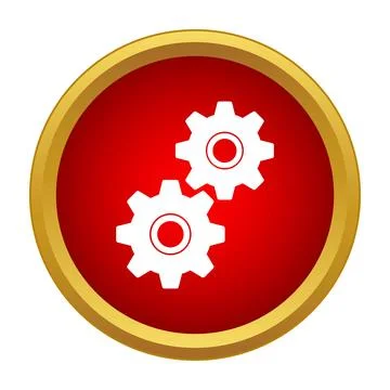 Two white gears spinning in round red golden icon Illustrazione stock