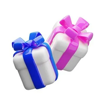 Two white gift boxes with closed lids, blue and pink bows, 3D style. Stock Illustration