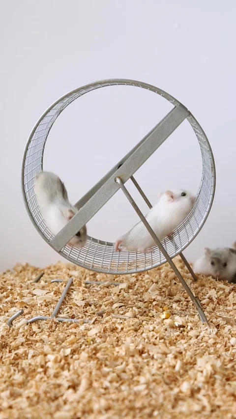 Two white hamsters are running on the wheel. Little mice learn to run on the Video stock 220938558