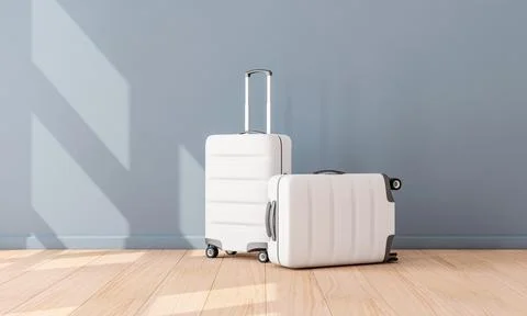 Two White Luggage mockup in empty room, Suitcase, baggage, 3d rendering Illustrazione stock